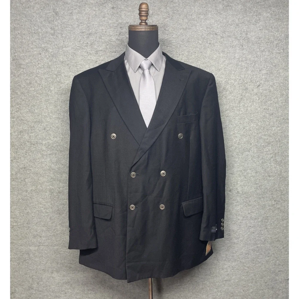 NWT Bill Blass 48L Black Double Breasted Wool Sport Coat Blazer